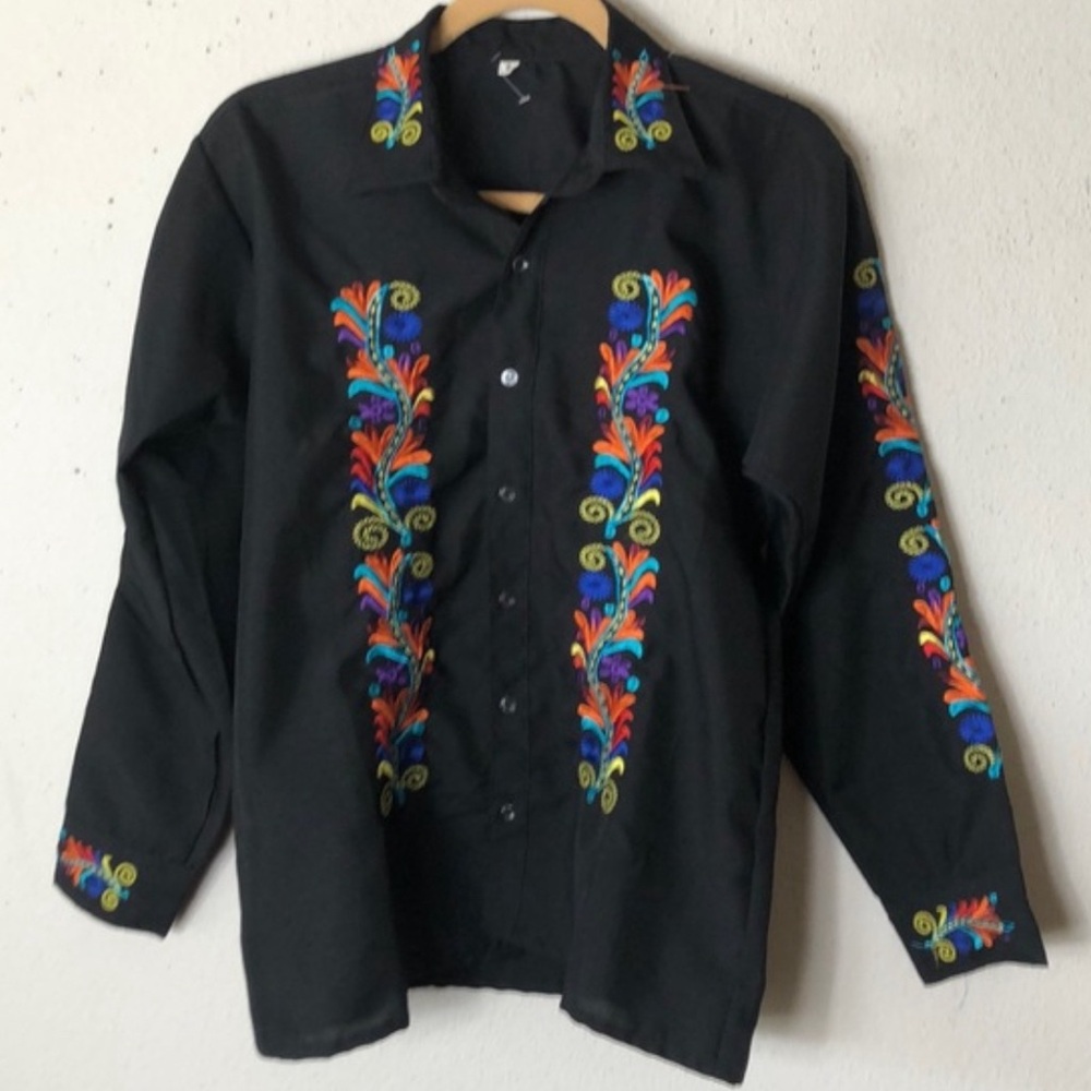 Vintage 60s Black Ethnic Hand Embroidered Blouse, Boho Floral Top S no l…